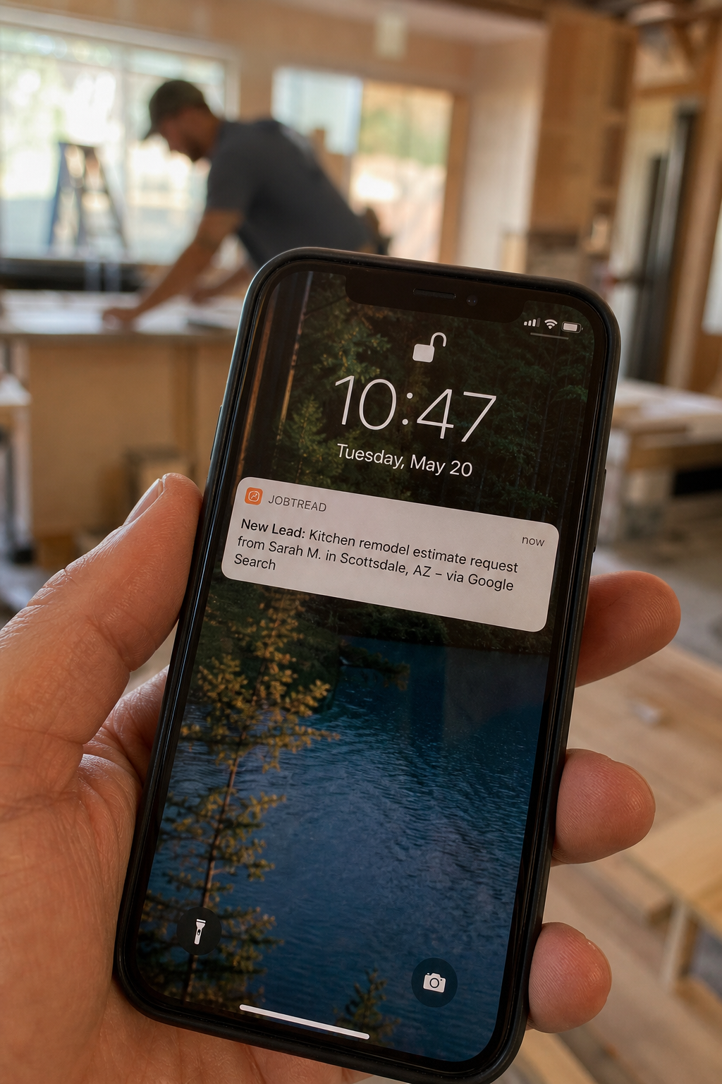 New lead notification on a phone on a job site